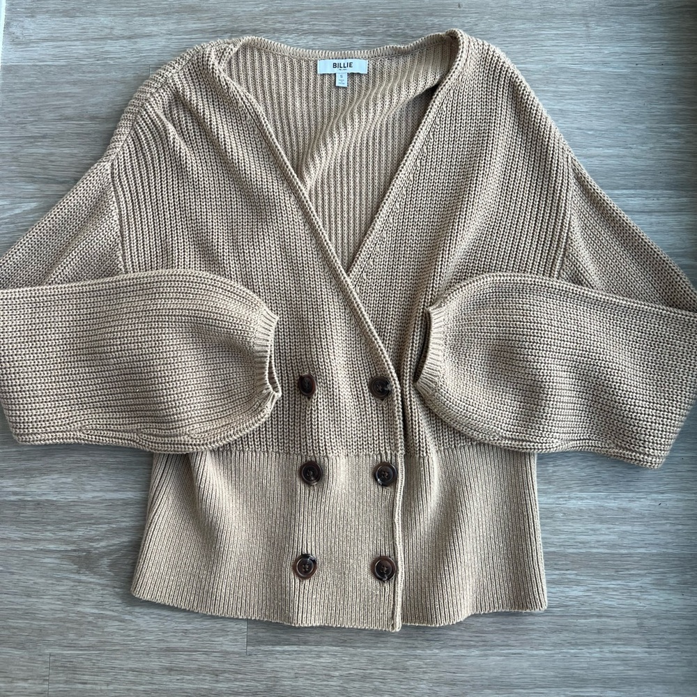 Billie The Label Tan Cardigan with Balloon Sleeves and Ribbed Texture